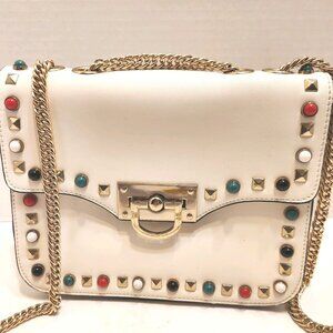 Gail Labelle White Crossbody Handbag Purse Multi Colored Studs Chain